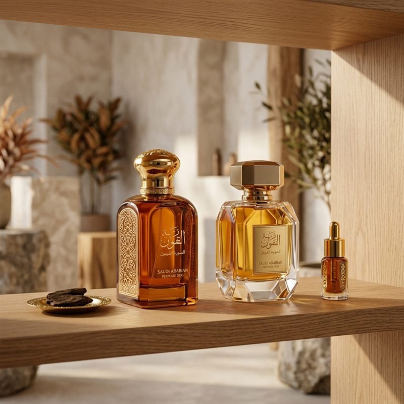زجاجات عطور وعود على رف خشبي